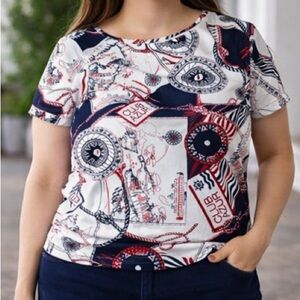 Talbots Petite‎ Large Nautical Map Compass Rope Tee Red Navy White Club Azur Top
